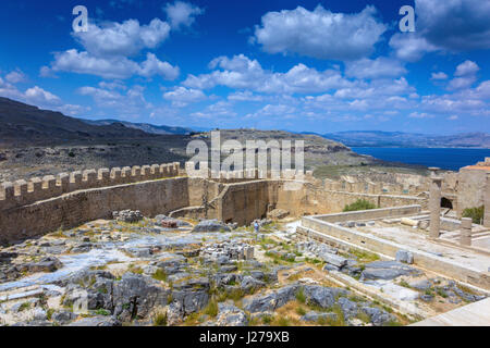 Doric temple of Athena Lindia on the acropolis of ancient Lindos. Dating from about 300 BC Stock Photo