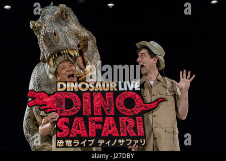 Tokyo, Tokyo, Japan. 25th Apr, 2017. The Dino-Safari exhibition featuring these robotic dinosaurs in Tokyo, Japan. The rubber creatures make use of a 'Dino-Tronics' mechanism, which allows them to smoothly and quietly walk around, and move their heads and jaws. However the dinosaurs are not completely autonomous - performers encased in the models control their movements.The animatronics were created by Japanese firm ON-ART Corp. The exhibit, set to open on Apr. 26 at Hikarie Hall in Tokyo's Shibuya district, will feature the 4.8m tall Raptor, the 8m Tyrannosaurus Rex and the 6.5m Triceratop Stock Photo