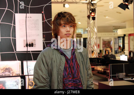 Tokyo, Japan. 26th Apr, 2017. Ren Nagabuchi, Japanese rock singer and a son of Tsuyoshi nagabuchi smiles as he visits the Isetan department store for the opening of 'Rock Time Line', department store's new event in Tokyo on Wednesday, April 26, 2017. The Isetan department store opened a pop up store of related goods for the next generation rock musicians. Credit: Yoshio Tsunoda/AFLO/Alamy Live News Stock Photo