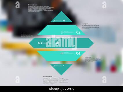 Illustration infographic template with motif of rhombus horizontally divided to five standalone blue sections with simple sign, number and sample text Stock Vector