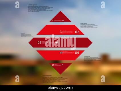 Illustration infographic template with motif of rhombus horizontally divided to five standalone red sections with simple sign, number and sample text. Stock Vector