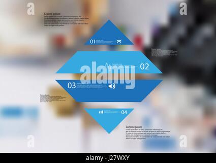 Illustration infographic template with motif of rhombus horizontally divided to four standalone blue sections with simple sign, number and sample text Stock Vector