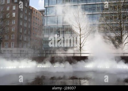 Japanese artist Fujiko Nakaya’s cloud of mist, fog sculpture outside Tate Modern Switch House as part of a new live exhibition programme on March 31st 2017 in London, United Kingdom. Fujiko Nakaya is known for her immersive sculptures, made from water vapour, which are highly interactive with the art audience.