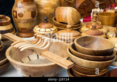 Beautiful wooden household objects. Wooden kitchen utensils Stock Photo