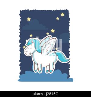 cute unicorn wings over cloud night star poster design Stock Vector
