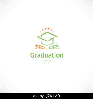 Isolated abstract orange and green color graduate hat logo, stylized mortarboard with open book,educational center logotype on white background. Stock Vector