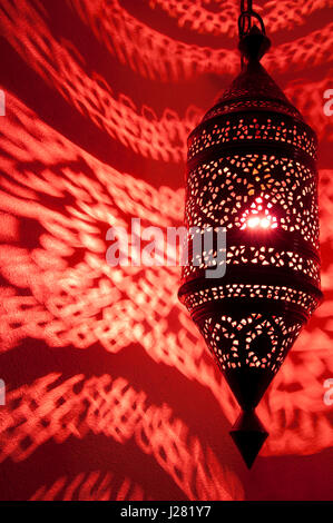 Moroccan bedroom with Moroccan lamp at night Stock Photo