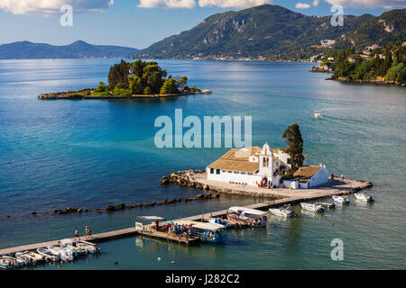 Corfu, Greece - August 18, 2015: Beautiful Vlacherna Monastery and Mouse island (Pontikonisi) on Corfu, Kerkyra, Greece Stock Photo