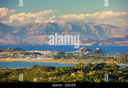 Landsacpe from place Agii Deka. Beautiful view on Corfu town and airport. Stock Photo