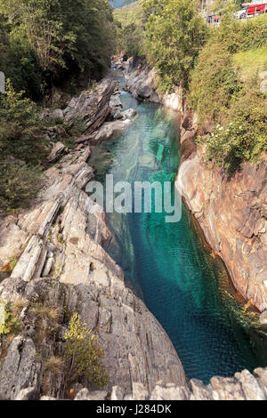High angle view of Verzasca river flowing by rock formations Stock Photo