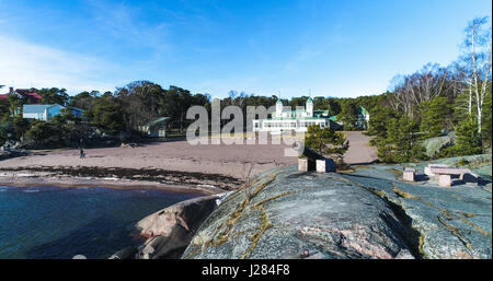 Aerial view of a old cannon before hanko casino, on a sunny day in Hango, Finland Stock Photo