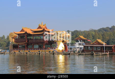 Dragon cruise boat moored in West lake in Hangzhou China. Stock Photo