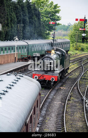 The Royal Scot steam train coming into Bridgnorth railway station, Shropshire, West Midlands, UK. Severn Valley Railway. Stock Photo