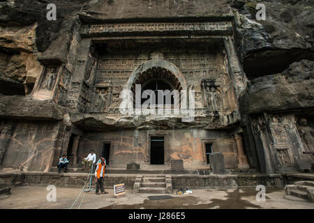 Entrance to Cave 9, one of the grandest Caves at Ajanta, Aurangabad, India Stock Photo