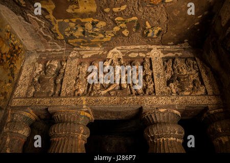 Details above a pillar bracket in a cave in Ajanta Caves, Aurangabad, Maharashtra, India Stock Photo