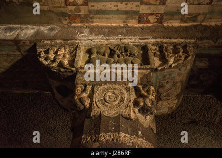 Details in a pillar bracket in a cave in Ajanta Caves, Aurangabad, Maharashtra, India Stock Photo