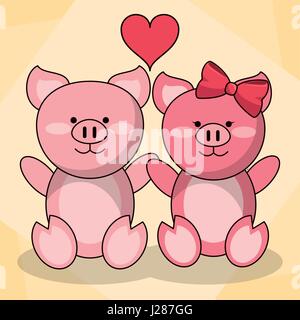 loving couple pigs animal baby heart decoration Stock Vector
