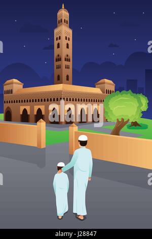 A vector illustration of Father and Son Going to Mosque Stock Vector