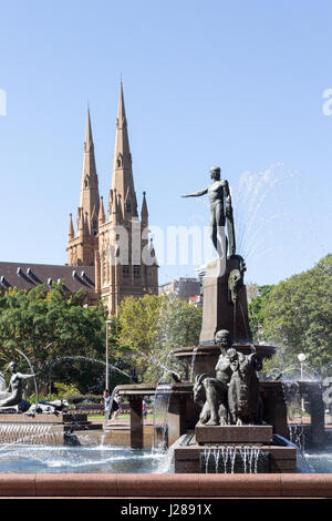 The Archibald fountainand St Mary's Cathedral, Hyde Park, Sydney, New South Wales, Australia Stock Photo