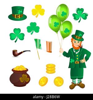 Smiling leprechaun in green clothes with a pipe in his mouth, with three balloons in hand. Shamrock and pan with Golden coins Stock Vector