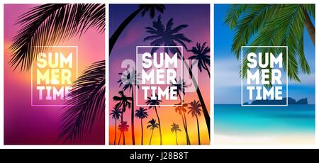 Summer tropical backgrounds set with palms, sky and sunset. Summer placard poster flyer invitation card. Summertime. Stock Vector