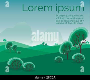 Landscape of fields with trees bushes and mountains Vector summer nature background. The place for the text Stock Vector