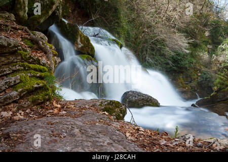 Waterfall in a river source, water flowing with power Stock Photo