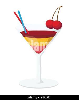 Tropical cocktails, juice, wine and champagne glass set. Various isolated cocktail glass with beverages sweet cherry drink Stock Vector