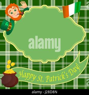 Postal card with leprechaun, Shamrock, Irish flag and gold coins on the background of the Irish cells. Gold lettering on green ribbon Stock Vector