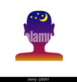 The contour of the male head with the stars and the moon filled night background Stock Vector