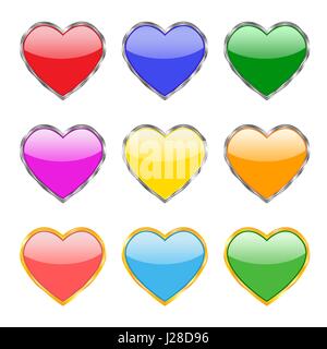 A set of nine buttons in the form of hearts in different colors with silver and gold border Stock Vector