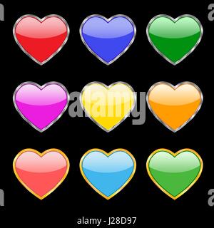 A set of nine buttons in the form of hearts in different colors with silver and gold border on a black background Stock Vector