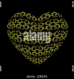 Yellow openwork pattern in the form of a large heart on the black background. Gift for Valentines day Stock Vector