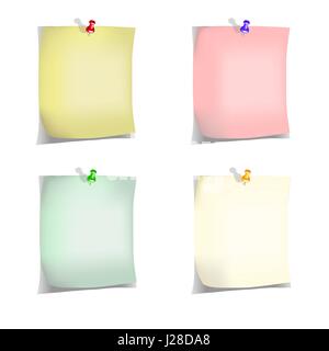 Four notes pinned to the wall with pins of different colors with shadows Stock Vector