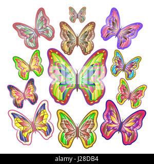 Twelve bright motley butterflies of different sizes. Vector illustration Stock Vector
