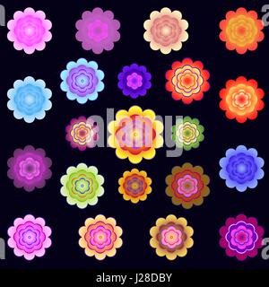 Templates of bright colored stylized flowers on a black background for the site, post cards, letters. Vector illustration Stock Vector