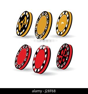 Poker chips. Icon for your design. Three different chips of yellow and red colors stand edge Stock Vector