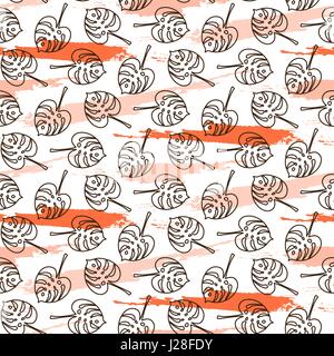 Monstera leaves on paint brushstrokes seamless vector pattern. Stock Vector