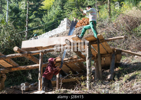 Nepal, Western Region, Dharapani, On the Annapurna Circuit - Day 3 - From Dharapani to Chame - Nepalese during sawing in Dharapani Stock Photo