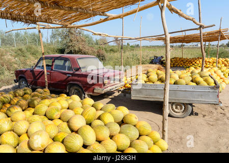 Uzbekistan, Buxoro Province, Jondor tumani, On the roadside there are many melon traders. Here the woman has the say Stock Photo