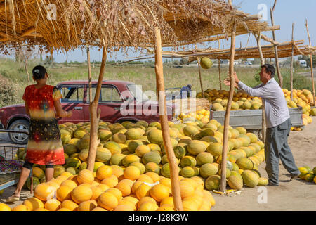 Uzbekistan, Buxoro Province, Jondor tumani, On the roadside there are many melon traders. Here the woman has the say Stock Photo