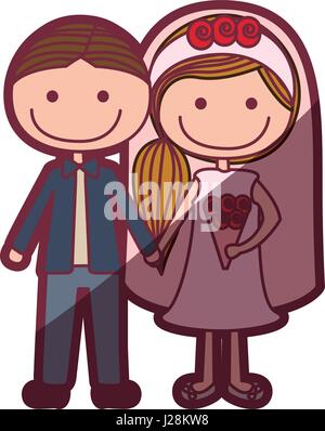 color silhouette shading cartoon groom with formal suit and bride with side hairstyle Stock Vector