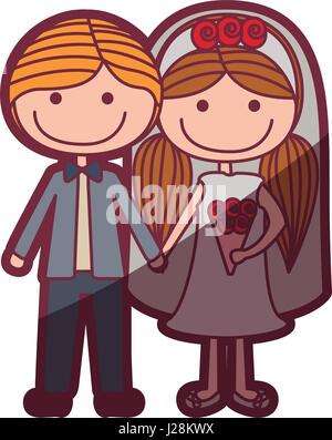 color silhouette shading cartoon groom with formal suit and bride with pigtails hairstyle Stock Vector