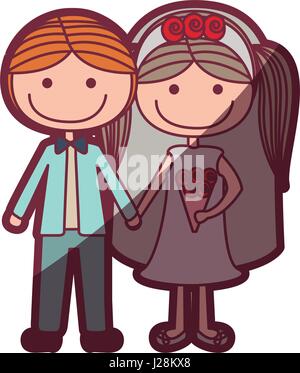 color silhouette shading cartoon groom with formal wear and bride with pigtails hairstyle Stock Vector