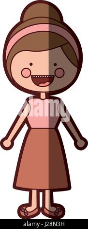 color silhouette shading smile expression cartoon collected hair girl with shirt and skirt Stock Vector