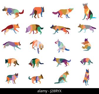 Set vector mosaic silhouettes of colorful dogs (German shepherd dog) cut out on white background Stock Vector