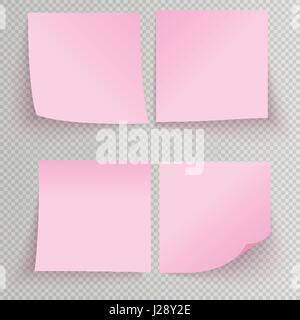 Set of office pink sticky stickers with shadow isolated on a transparent background. Vector pink post notes template. Stock Vector