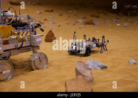 A small scout prototypes for the ESA ExoMars rover mission to Mars is tested by Airbus in a warehouse made to look like the Red Planet Stock Photo