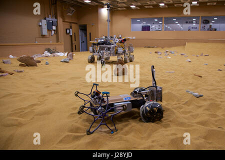 A small scout prototypes for the ESA ExoMars rover mission to Mars is tested by Airbus in a warehouse made to look like the Red Planet Stock Photo