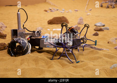 A small scout prototypes for the ESA ExoMars rover mission to Mars is tested by Airbus in a warehouse made to look like the Red Planet Stock Photo